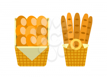 Baguettes and buns in wooden basket vector bakery shop long loaves of bread isolated on white. French moulding fresh breads in package vector icons