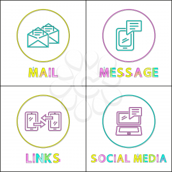 Online communication bright round linear icons set. Mail service, message chat, links exchange and social media isolated flat vector illustrations.