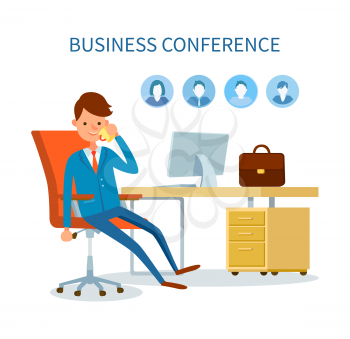 Business conference man talking on phone icons vector. Profiles of clients, customers base of boss. Employer businessman discussing issues on cell