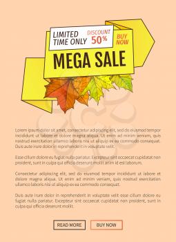 Limited time only buy now discount promo online poster. Autumn or fall, half price advertising online banner with foliage and green and orange leaf vector