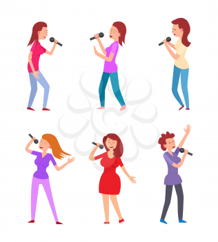 Music singers characters with microphones performing vector. Singing ladies dressed in formal and stylish clothes, vocalists with mike dancing performers