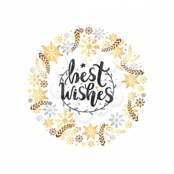 Best wishes lettering with branch wreath, decorative garland. New Year and Christmas greeting card with star, vector ornamental frame, snowflakes and leaves