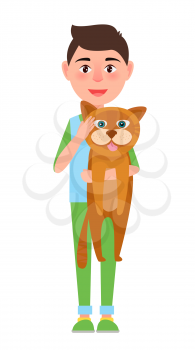 Schoolboy and cat, poster with pupil holding cat with tongue, pet and boy favourite pet friend, vector illustration isolated on white background