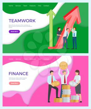 Successful teamwork and finances workers with coins vector. Financial assets, rising up level of earning, workers working on promotion and increment