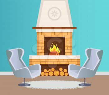 Interior of flat in blue color of wallpaper, fireplace with burning firewoods and logs on floor and pattern on top. Grey armchairs and mat vector