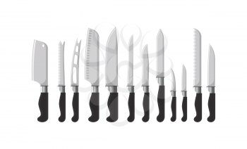 Kitchen cutlery sharp knives silverware dining vector. Equipment for cutting objects, dishware tools, tableware with handles and different shapes of blades