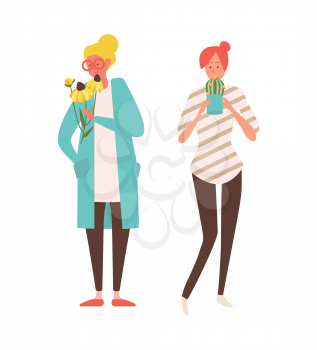 Vector girls with flower as gift, Valentines day or 8 March present, surprise on holidays. Female with cactus in pot and bouquet isolated in flat style