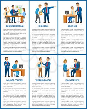 Business company boss and employees, office work. Meeting and dismissal, worker control and working order, job interview, hiring vector illustrations.