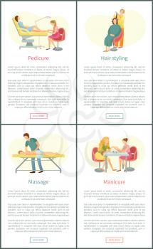 Pedicure and manicure, massage procedure and hair styling. Posters set with text sample and experienced beauty stylists and masseur in uniform vector