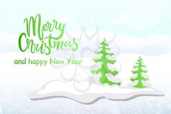 Merry Christmas and Happy New Year greeting card with white snow and green fir or spruce trees. Vector Xmas greeting card, snowy forest landscape