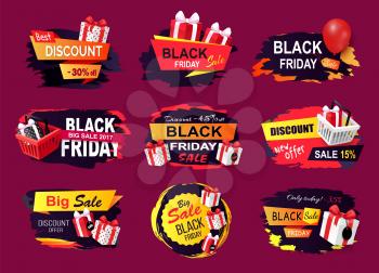 Black Friday offers and sales banners gifts set vector. Sellout of exclusive products with reduction of price, gifts and inflatable balloons clearance