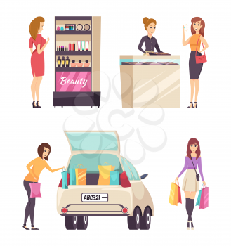 Shopping beauty salon and stores isolated set vector. Woman wearing gold ring with diamond, car for transportation of bought bags. Cosmetics makeup