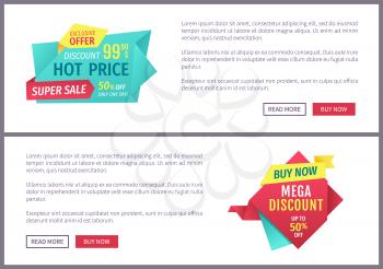 Big sale, mega discount and hot price advertising phrases banner set with text. Special exclusive offer landing page sample for shops and stores e-commerce.