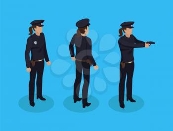 Policewoman cop icons set. Woman wearing protective vest hat and uniform. Police officer with badge and gun shooting at criminals isolated on vector