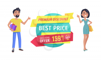 Premium discount and best price promotion phrases for shop clearance sale with smiling couple with shopping bags and gifts. Exclusive offer banner.