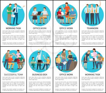 Working task and office work, collection of posters with headlines and informational text and images of people discussing plan vector illustration