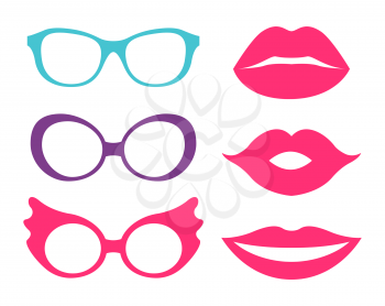 Glasses and lips, collection of icons, kisses of woman and spectacles of different shape and color, vector illustration isolated on white background