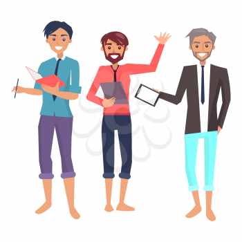 Three cheerful employees color vector illustration of bright smiling men in multicolored shirts and trousers with pads isolated on white background