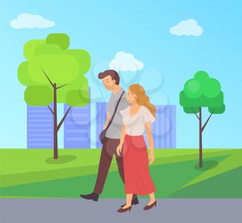 Male and female walking together in green city park, cartoon characters. Vector guy and blonde girl in long red skirt, dating man and woman, summer or spring