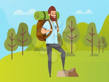 Hiker wearing casual clothes and backpack standing outdoor, green grass, tree and bush. Portrait view of male standing near rock in forest, hiking hobby vector. Flat cartoon