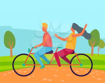 Man and woman riding bicycle, lovers active leisure in park. Couple going on bike near green trees, romantic day of boyfriend and girlfriend vector. Flat cartoon