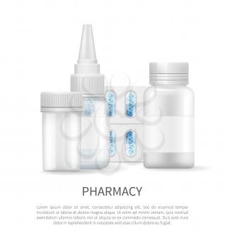 Pharmacy headline, text sample on poster and bottles collection with transparent material and pill strips blue blister, banner vector illustration