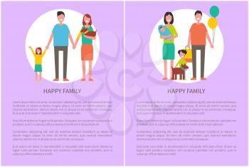 Happy family icon in cartoon style vector banner. Smiling couple with children and pet holding hands, mother with baby in arms, packages and balloons