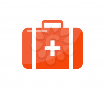 First aid kit in cartoon style isolated vector icon. Red square suitcase with big cross in center and handle at top flat design, isolated medical box