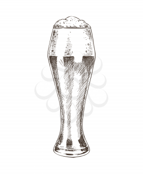 Beer poured in big glass monochrome sketch outline. Black and white hand drawn glassware with alcoholic beverage and foam on top vector illustration