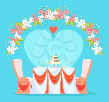 Restaurant wedding reception vector, table and chairs decorated with bows and fabric. Arc made of flowers and foliage, blossom and heart love party