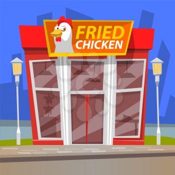 Fried chicken building with urban lights outdoor, cafe of fast food. Exterior of restaurant or shop of frying meat, panoramic windows, city meal vector. Application game development scene