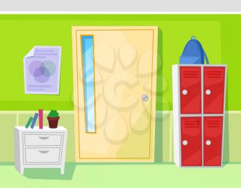 School classroom interior with furniture. Door, red lockers and white wooden nightstand with books and plant in pod. Educational institution vector illustration. Back to school concept. Flat cartoon