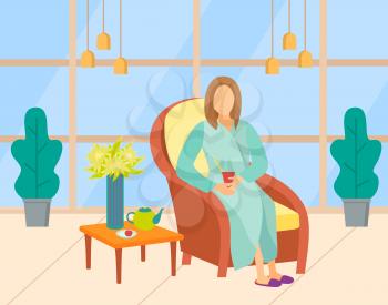Woman wearing bathrobe and slippers drinking tea, client in beauty salon. Female character sitting in armchair, teapot on table, relaxation vector. Modern office of beauty salon with big windows