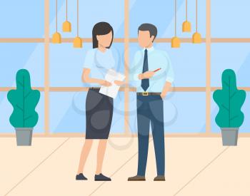 People working in office vector, man and woman analyzing info on paper. Boss and secretary helping with problems, employee and employer at workplace. Business team in modern office with big windows