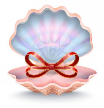 Gift card with red ribbon in shape of bow in open seashell. Holiday postcard decorated by shell symbol with silk elegant stripe. Valentine greeting card with aqua symbol with accessory on white vector