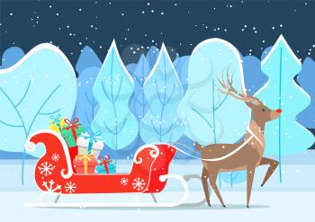 Deer cartoon character with sledge in winter park. Reindeer fairy animal riding sleigh with colorful gift boxes in evening. Dark view of forest with Santa assistant with present on snowy land vector