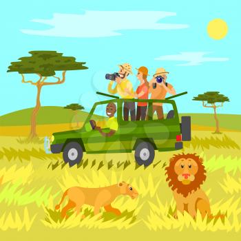 Wildlife and nature, wild animals vector, people riding in jeep car. People traveling to Africa African countries looking through binoculars, flat style