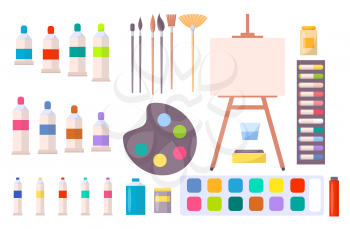 Art supplies vector illustration with icons of easel, different brushes, various paints and other tools and instruments for painting in cartoon style