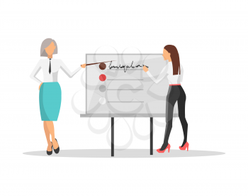 Business train and two women, one of them pointing on whiteboar and other is writing list on it, on vector illustration isolated on white