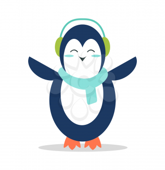 Sweet penguin in soft earpieces and warm scarf stands with spread wings and closed eyes isolated cartoon vector illustration on white background.