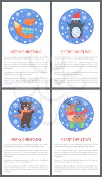 Animal set of icons, fox in sweater, penguin in hat, bear in scarf and deer in green socks, images in circles with snowflakes vector illustration