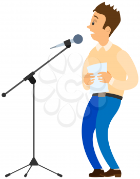 Fear of public speaking. Cartoon male character stands near microphone and trembles with fright. Man is afraid of giving presentation to audience. Social anxiety and mental health disorder glossphobia