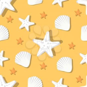Seamless pattern with marine shells and starfish, white aquatic nautical shellfish and coral stars isolated on sandy beach vector endless illustration