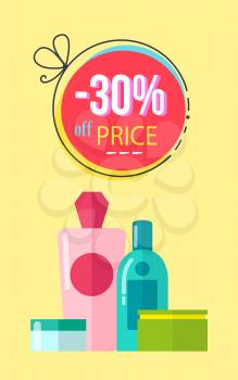 -30 off price poster with make up objects, circle and headline, bottles and containers with essence collection vector illustration isolated on yellow