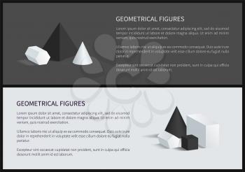 Geometrical figures banners with informational text, lettering and pyramid cone, cube and cuboid, geometrical figures, isolated on vector illustration