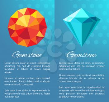 Gemstones set with text sample and headlines, precious stones collection with facets, luxury objects, gemstones isolated on vector illustration