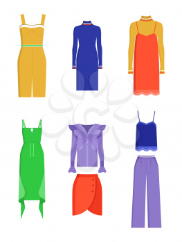 Different colors summer dresses and another clothing, vector illustration isolated on white background, red skirt and trousers, blue and lilac shirts
