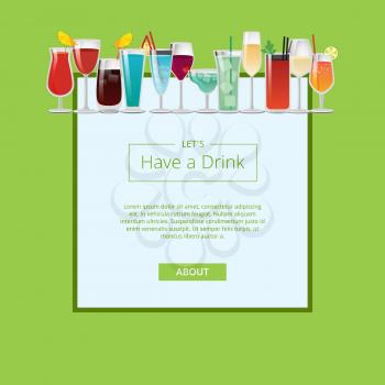 Lets have a drink web poster cocktails and champagne in glasses, decorated by umbrellas and straws, icy refreshing drinks webpage push button about