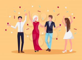 Celebrating people, laughing and standing with galsses of alcohgolic drinks in their hands and confetti above persons vector illustration
