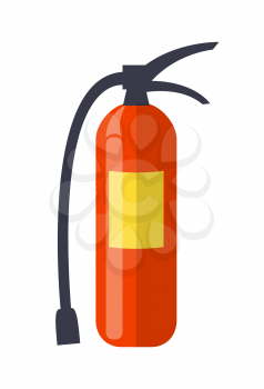 Standard red fire extinguisher with yellow instruction tag on cylinder with black levers, hose and nozzle isolated vector illustration on white